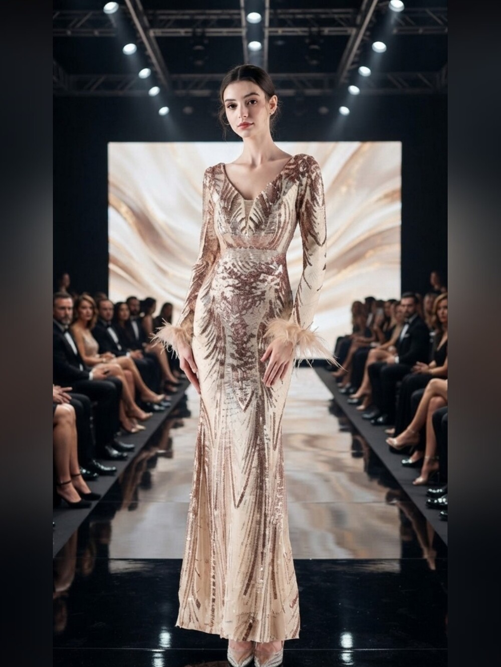 Glamorous Long Sleeve Sequin Dress With Ostrich Feathers
